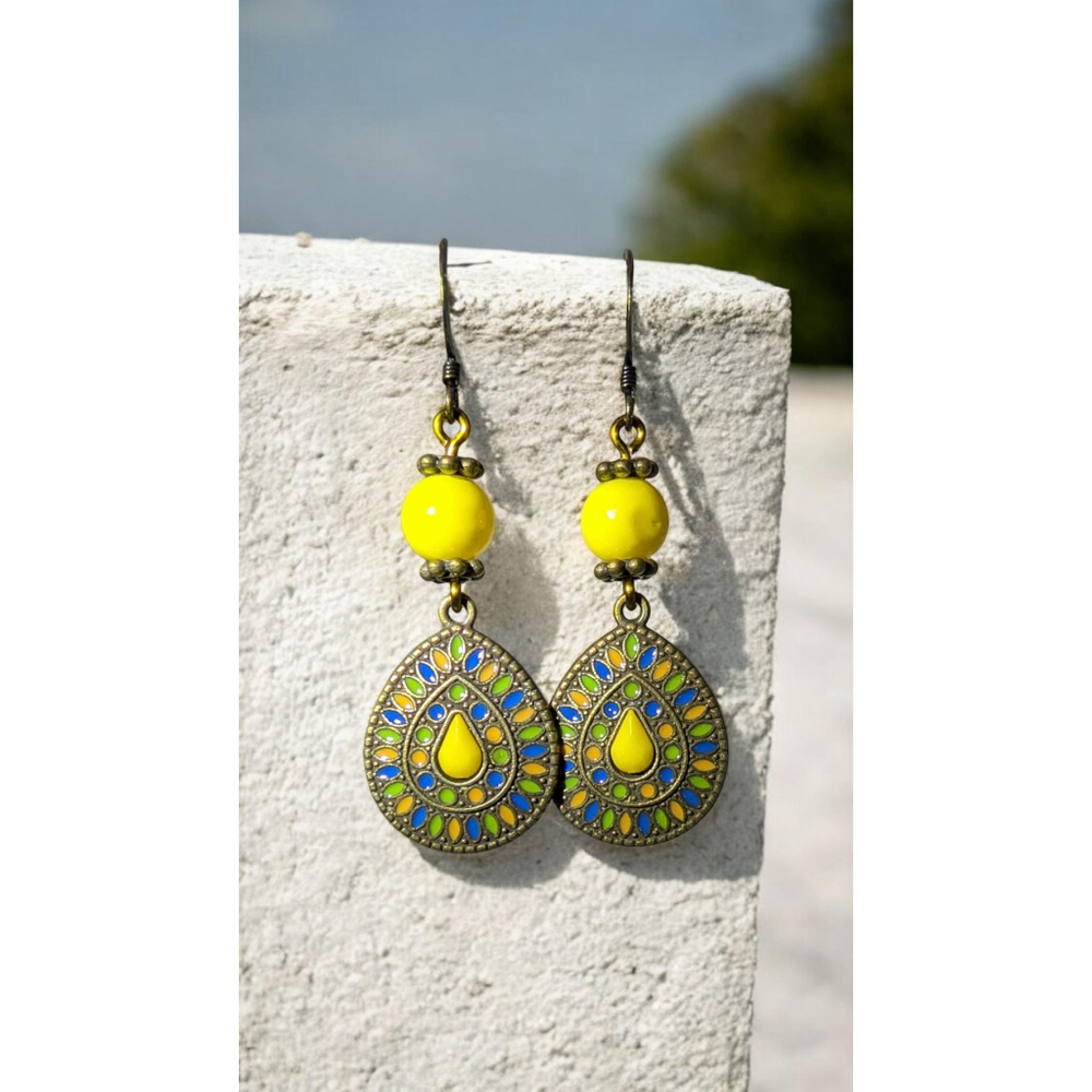 Boho Yellow Teardrop Dangle Earrings Antiqued Bronze Yellow Earrings